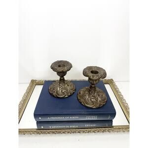 Vintage Ornate Silver Plated Candleholders with Grape Motif by Godinger, a Pair